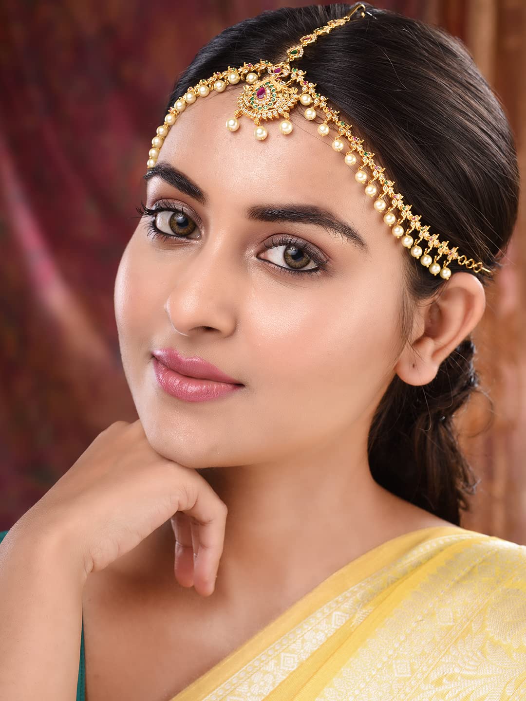 Saraf RS Jewellery- AD Studded Beaded Bridal Matha Patti With Maangtika