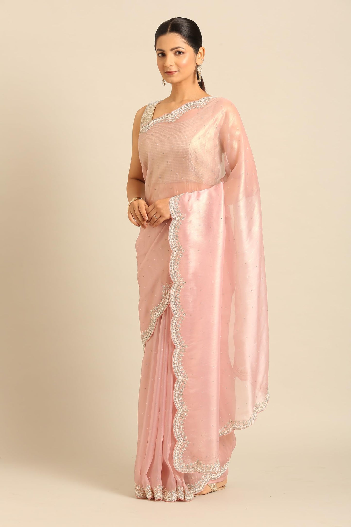 MOHEY Women's Pink Organza Hand Embroidered|Stone Work Saree