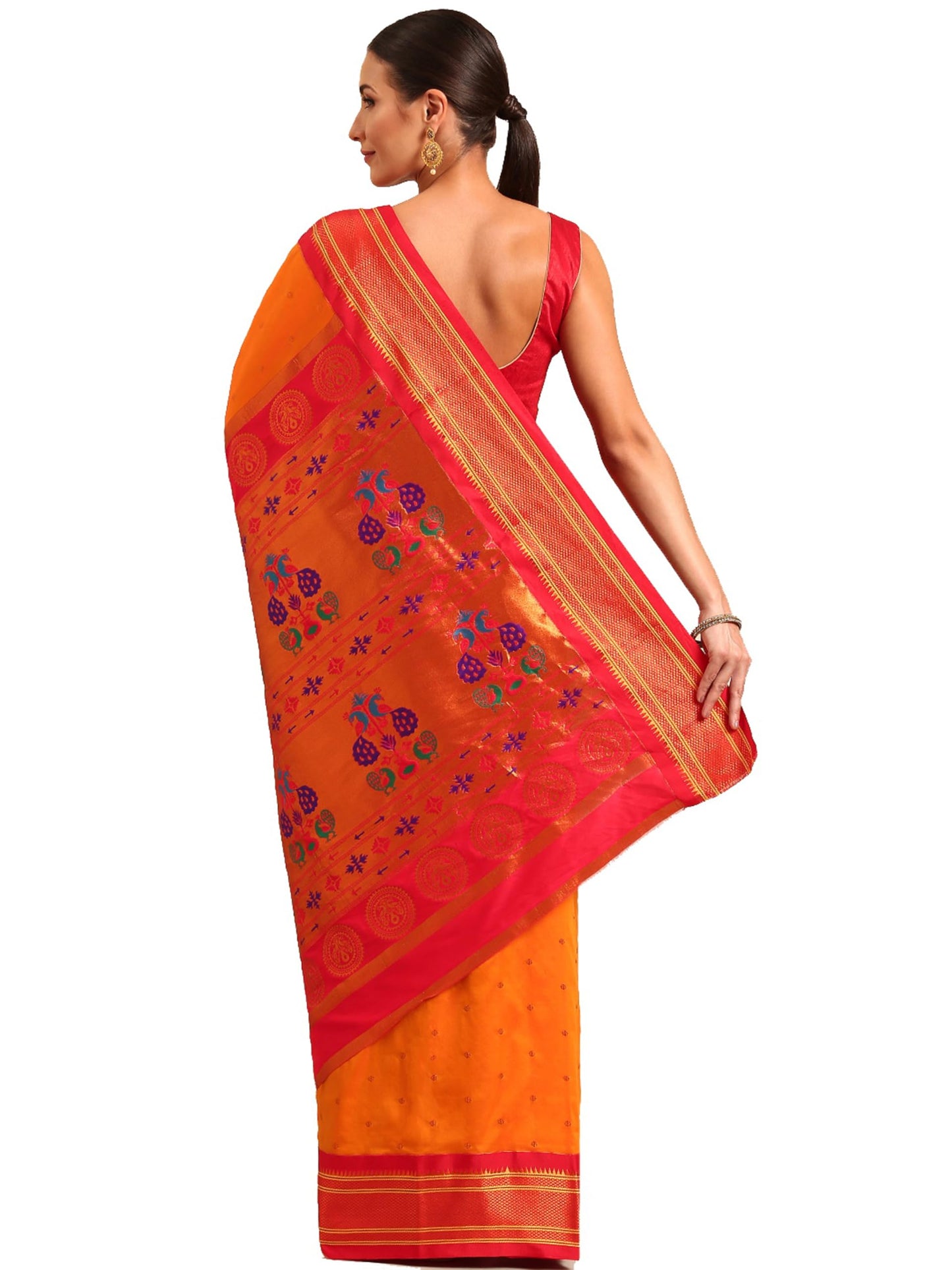 Varkala Silk Sarees Women's Kadiyal Soft Silk Maharani Paithani Saree With Blouse Piece (V241A109-COPR_Orange & Red)