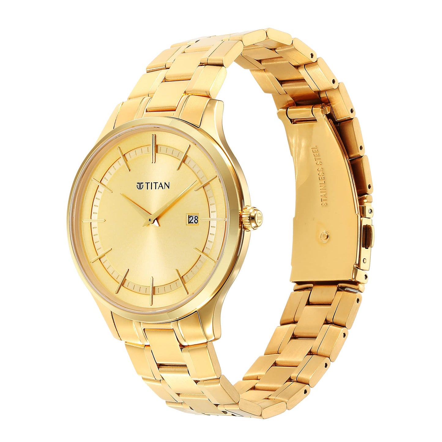 Titan Classique Slimline Champagne Dial Analog with Day and Date Stainless Steel Strap Watch for Men-NS90142YM01