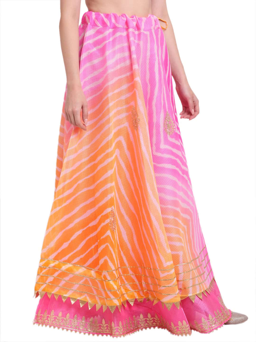 JABAMA® Women's Cotton Kota Doriya Gota Patti Work Lehenga Skirt (Pink-Orange, M, SK368-M_GRP)