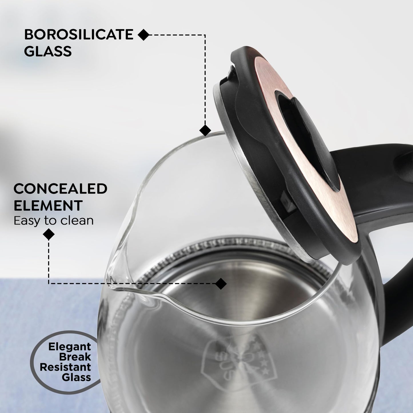 Prestige PKGB 1.8 Litre Electric Glass Kettle| LED Power Indicator| Borosilicate Glass| Automatic Power Cut-Off| Concealed Element| 360 Degree Swivel| Cool Touch Handle, 1350 Watts, Transparent