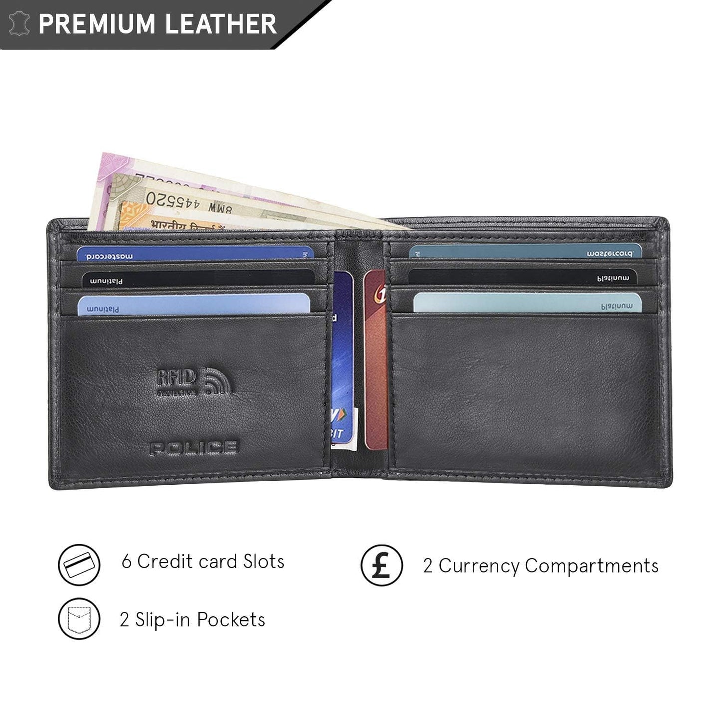 Police Branded Men's Wallet Leather Original | Premium Slim Wallet for Men Stylish Genuine Leather Gents Purse with 8 Card Holder Slots | 2 Slip-in Pockets | Ideal Diwali Gifts - Black