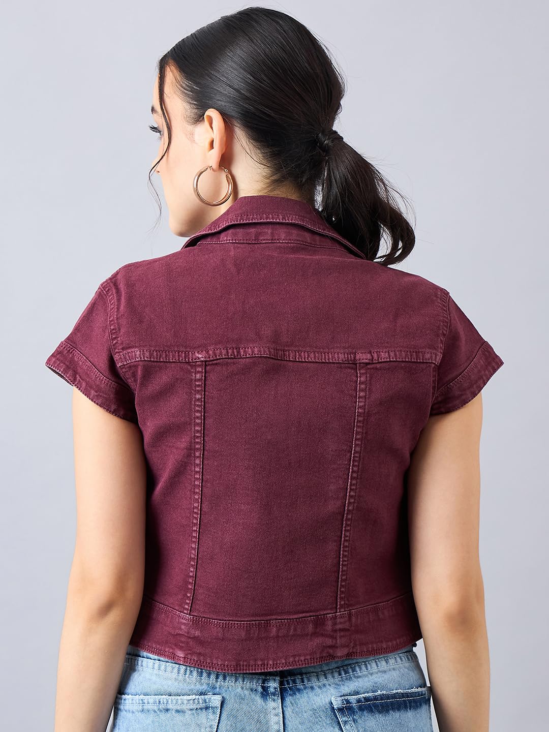 Style Quotient Women Wine Open Front Denim Shrug