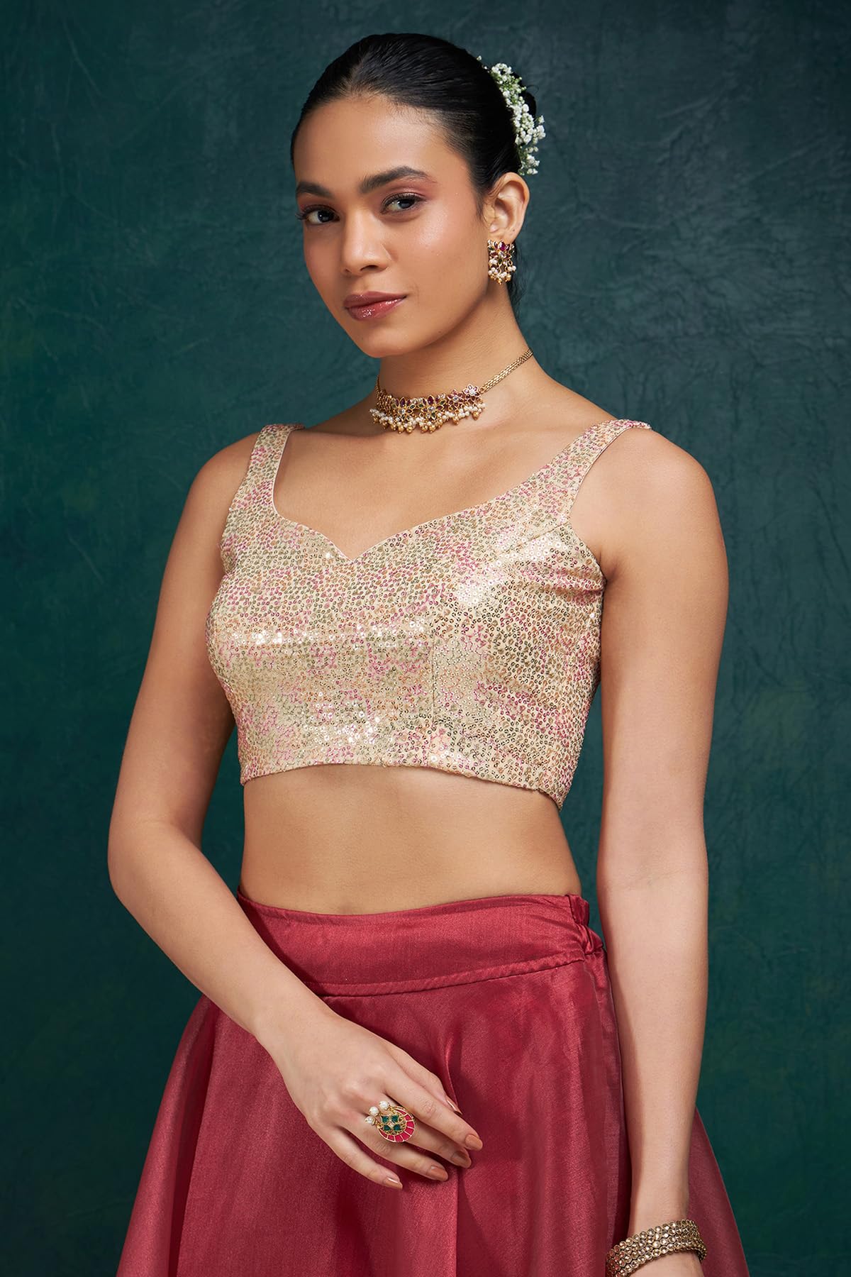 Soch Womens Beige Sequinned Embellished Georgette Padded Blouse