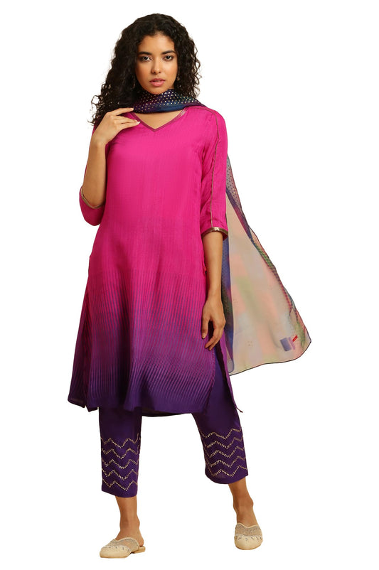 W for Woman Magenta Pink Ombre A-Line Kurta, Pants And Dupatta Set (Size: L)-23AUWS19959-122259