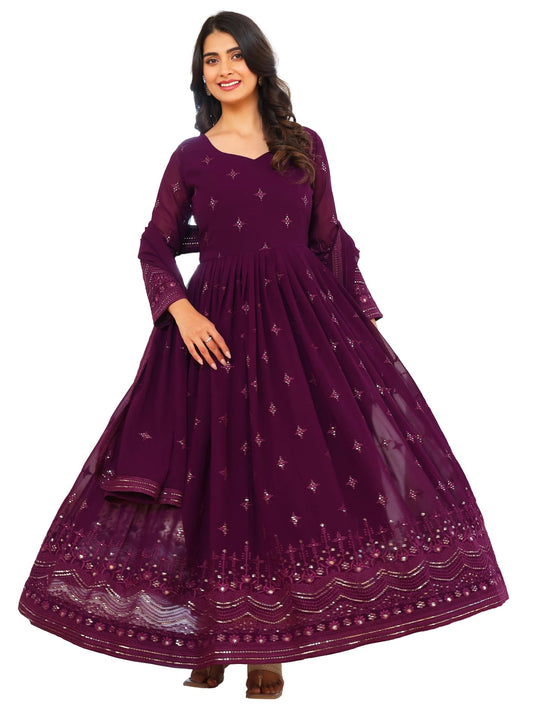 Fashion Basket Women's Georgette Anarkali Lond Dress with Duptta Purple