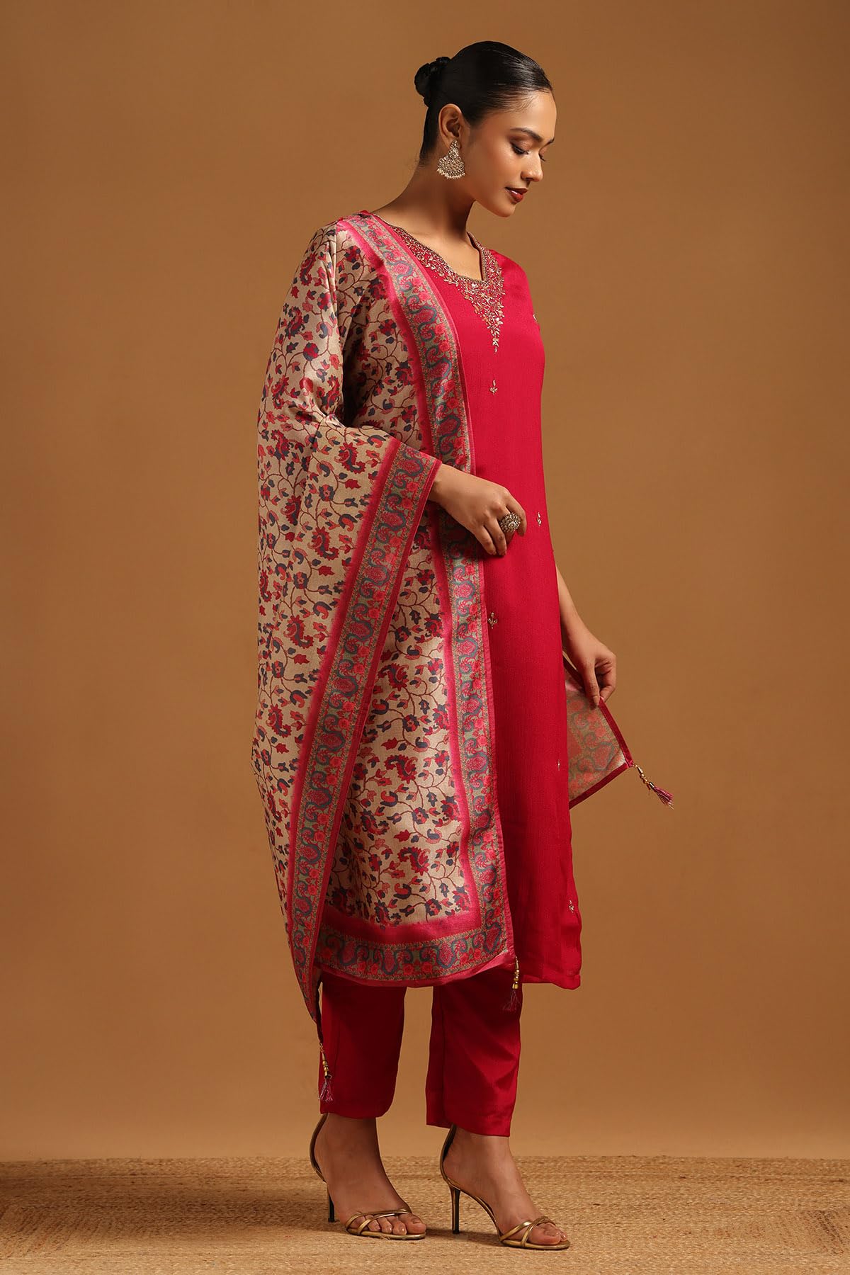 Soch Womens Fuchsia Chinon Floral Salwar Suit With Beads And Stones