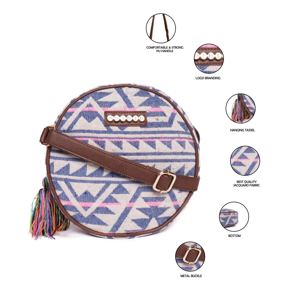 ASTRID Round Sling Bag With Pompoms For Girls And Women (multicolor)