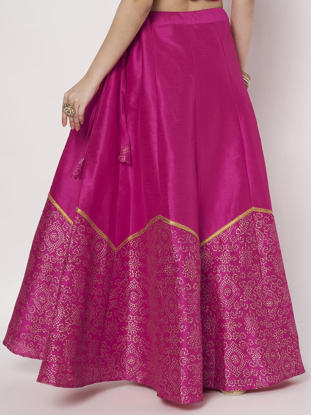 studio rasa Women's Dupion Block Printed Half and Half Kalidaar Skirt Wedding Festive Party (SKTC72514L_Pink_Large)