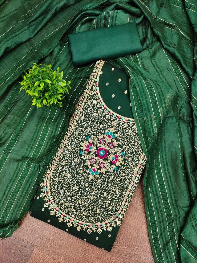 VARNI FABRICS Chinnon Dress Material for Women Digital Print Unstitched Woman Salwar Suit Dress Material With Chinnon Dupatta Deep Green