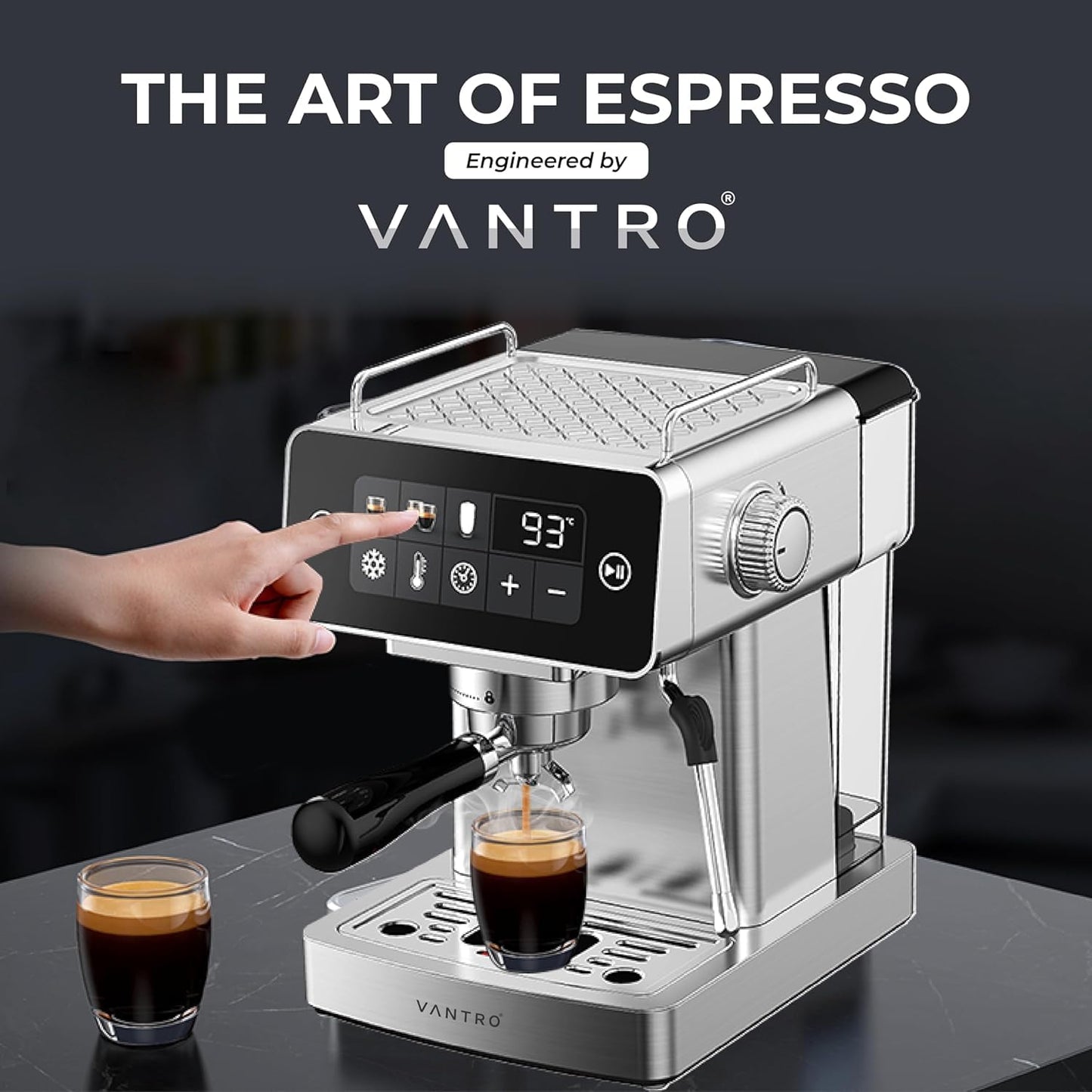 VANTRO Espresso Coffee Machine | Stainless Steel Body with Touch Control Panel | 20 Bar Pump | 1500W Powerful Brewing | Adjustable Temperature & Extraction Settings