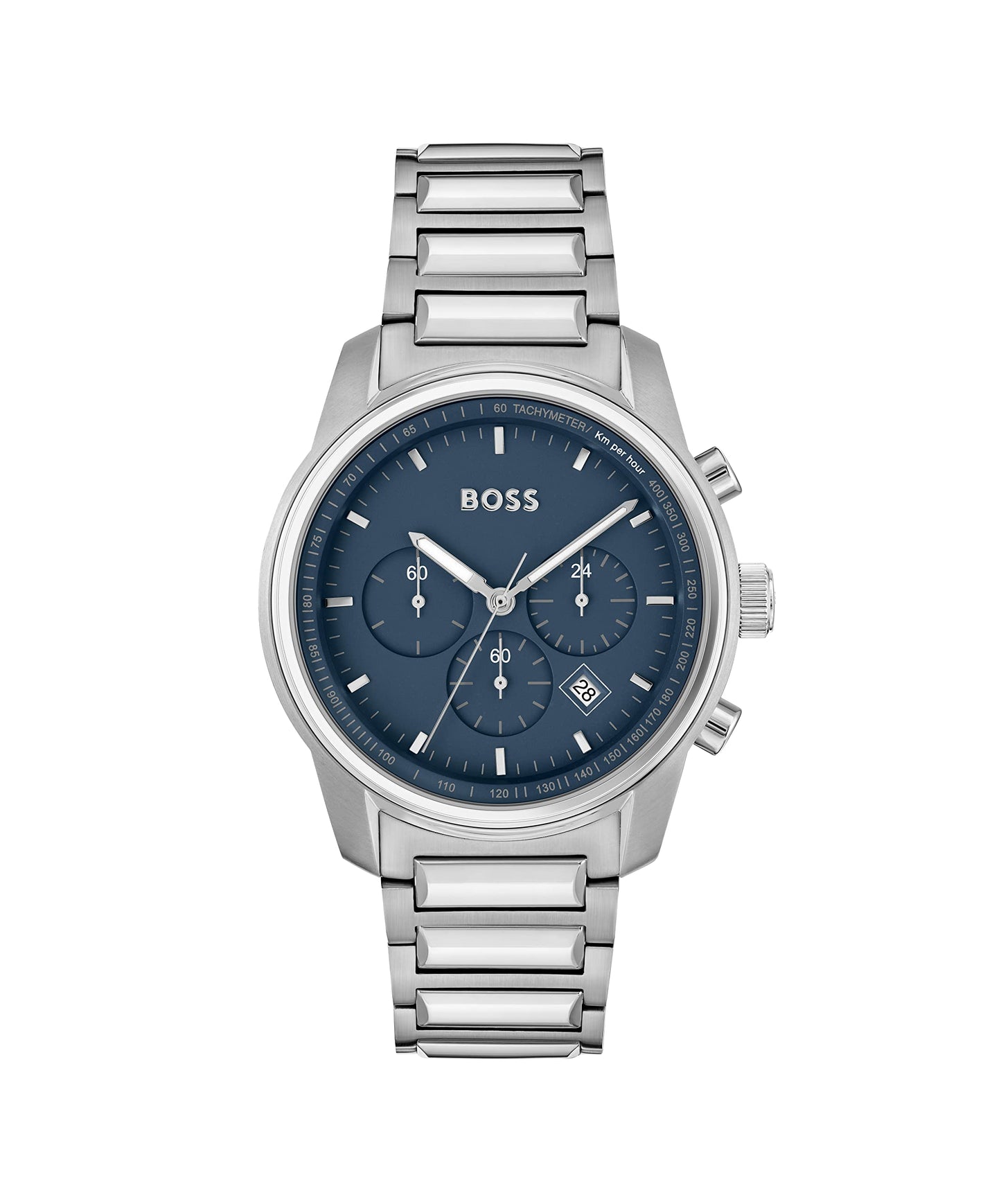 BOSS Trace Qtz Fashion Chrono Blue Round Dial Men's Analog Watch|Stainless Steel Material|Silver Color Band - 1514007