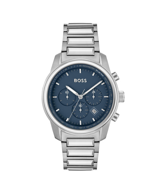 BOSS Trace Qtz Fashion Chrono Blue Round Dial Men's Analog Watch|Stainless Steel Material|Silver Color Band - 1514007
