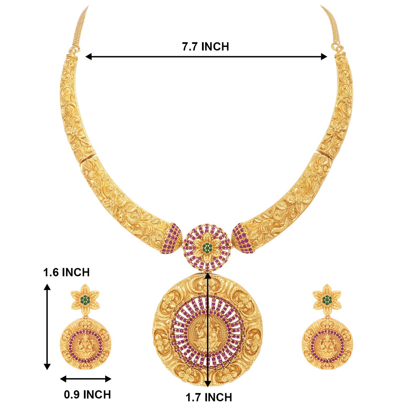 Peora Gold Plated Red Green Goddess Laxmi Stud Pendant Necklace Earring Temple Jewellery Set for Women