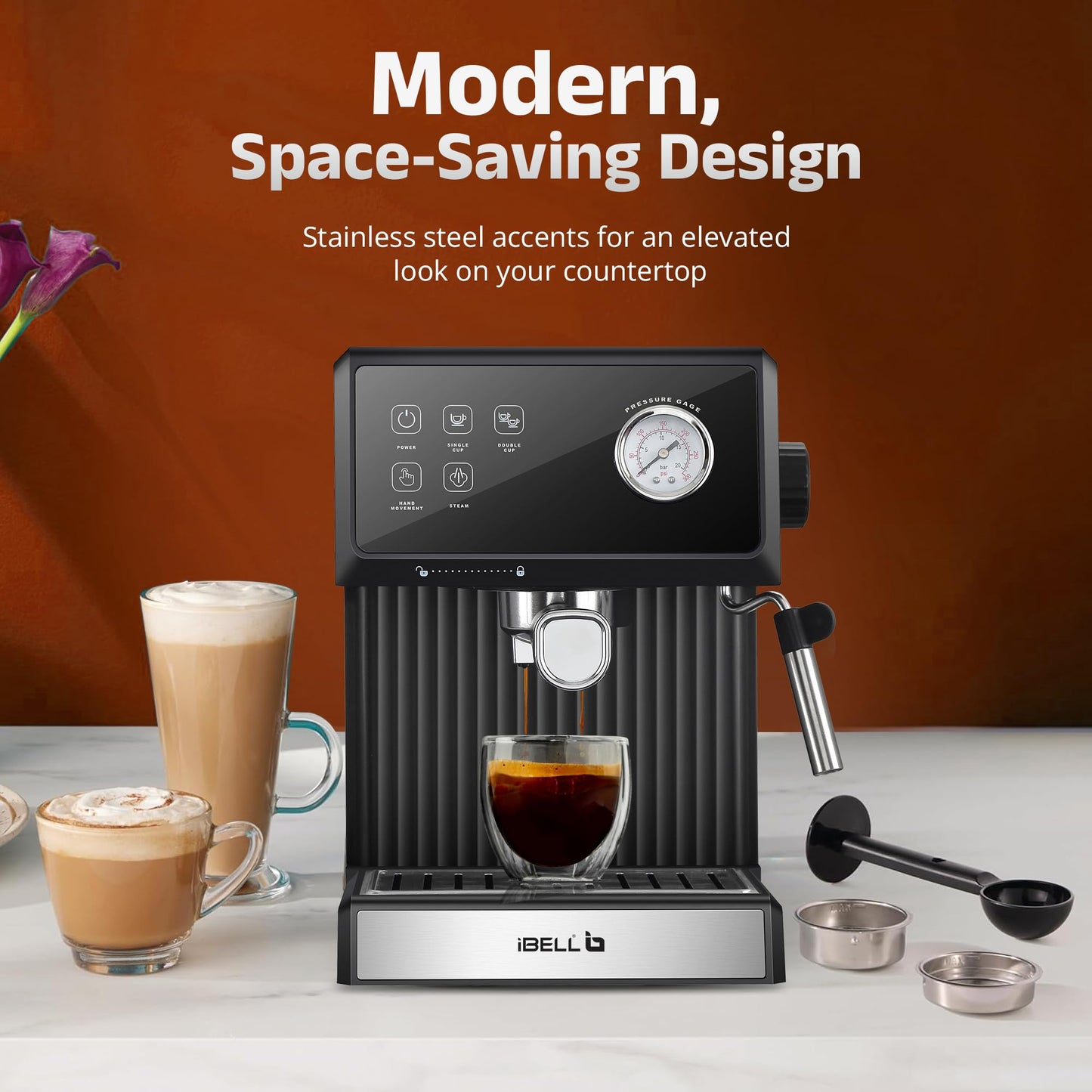 IBELL Espresso Machine, Coffee Maker for Home, 20 BAR, 2 Year Warranty, Touch Controls, Milk Frothing, Temperature Control System for Espresso, Cappuccino, Americano, Latte, 1200W, BARISTAMAX300