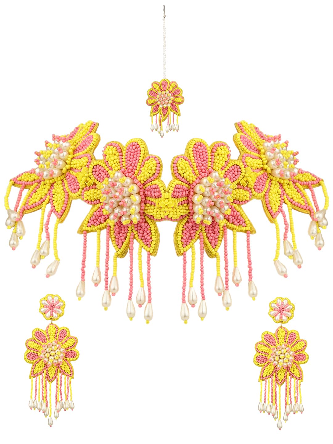 VENI Women's Handmade Beads Jewellery Set For Haldi Mehndi Of Bride For Weddin Pink Yellow