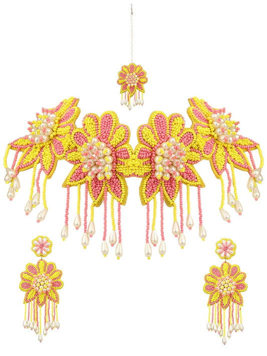VENI Women's Handmade Beads Jewellery Set For Haldi Mehndi Of Bride For Weddin Pink Yellow
