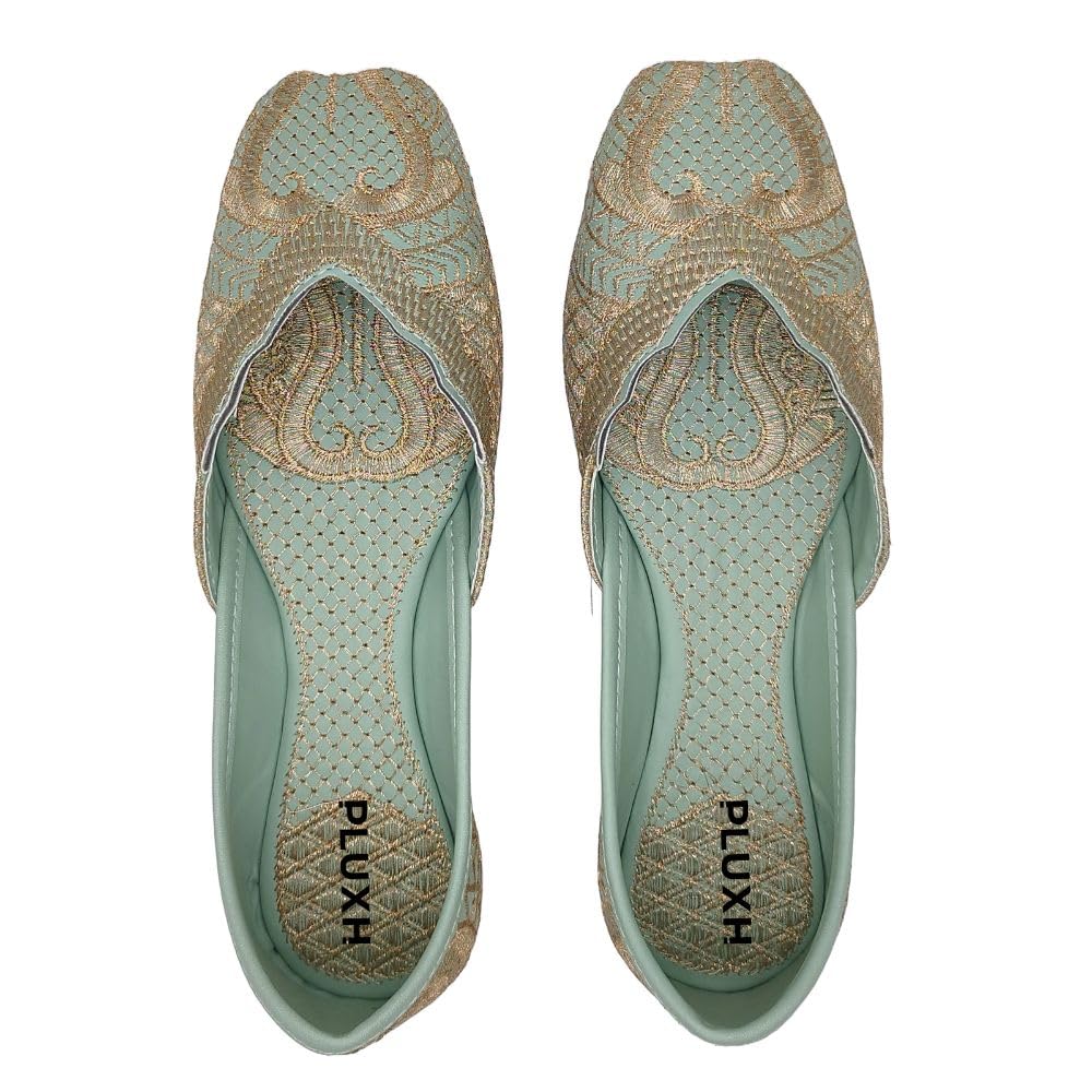 Pluxh Women's Mt-Green Embroidered Traditional Flats Punjabi Jutis 5 UK