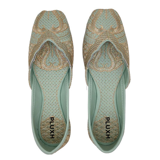 Pluxh Women's Mt-Green Embroidered Traditional Flats Punjabi Jutis 5 UK