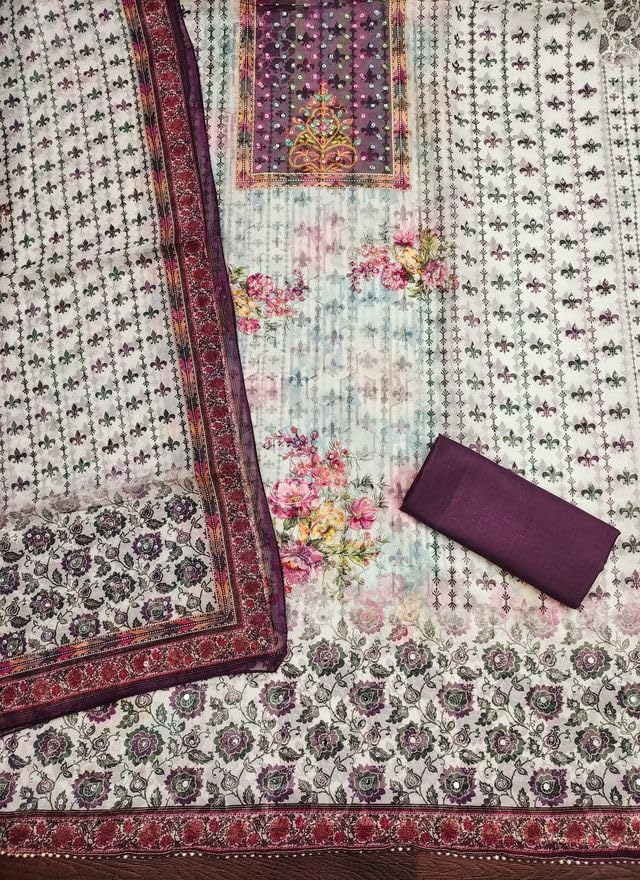 VARNI FABRICS Organza Dress Material for Women Solid Unstitched Woman Salwar Suit Dress Material With Organza Dupatta White Wine