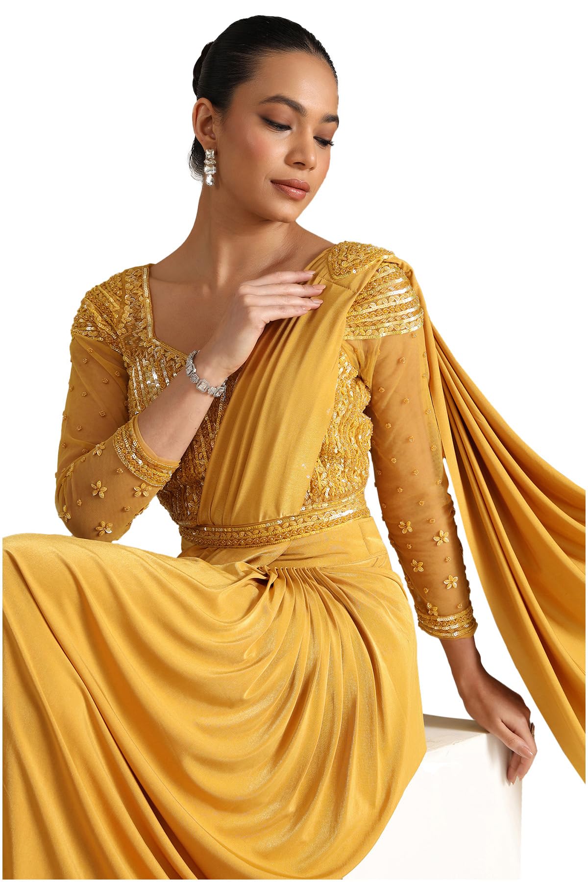 Soch Womens Mustard Nylon Blend Solid Ready To Wear Saree