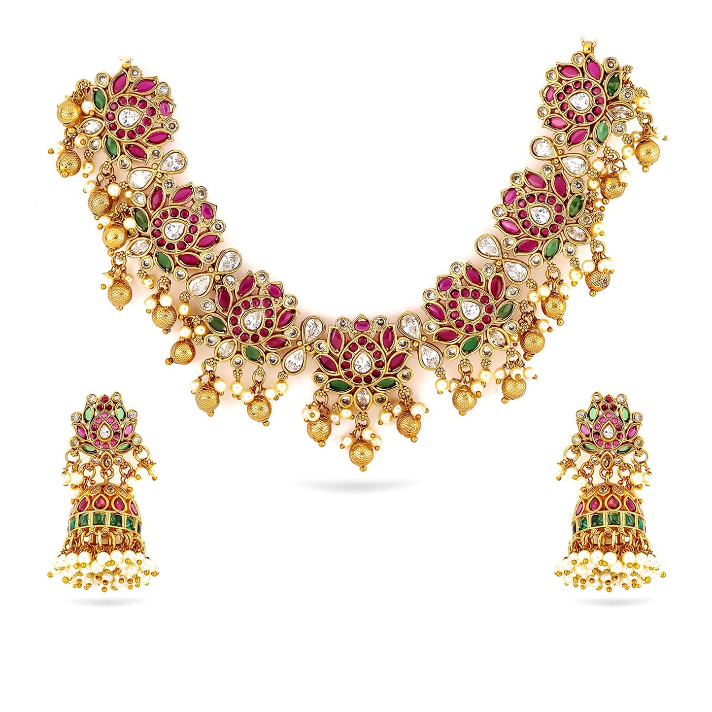 Rubans Womens 22K Gold-Plated Ruby Pink, Emerald Green & White Kundan Studded Pearl Beaded Necklace Set