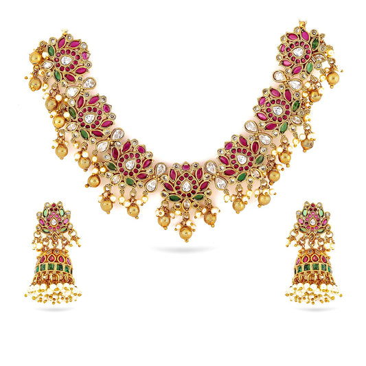 Rubans Womens 22K Gold-Plated Ruby Pink, Emerald Green & White Kundan Studded Pearl Beaded Necklace Set