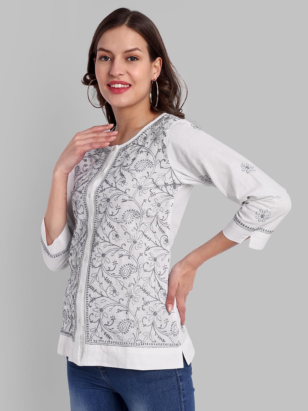 Ada Hand Embroidered Cotton White Straight Top Tunic Lucknowi Chikankari Short Kurti for Women A911363 (2XL)