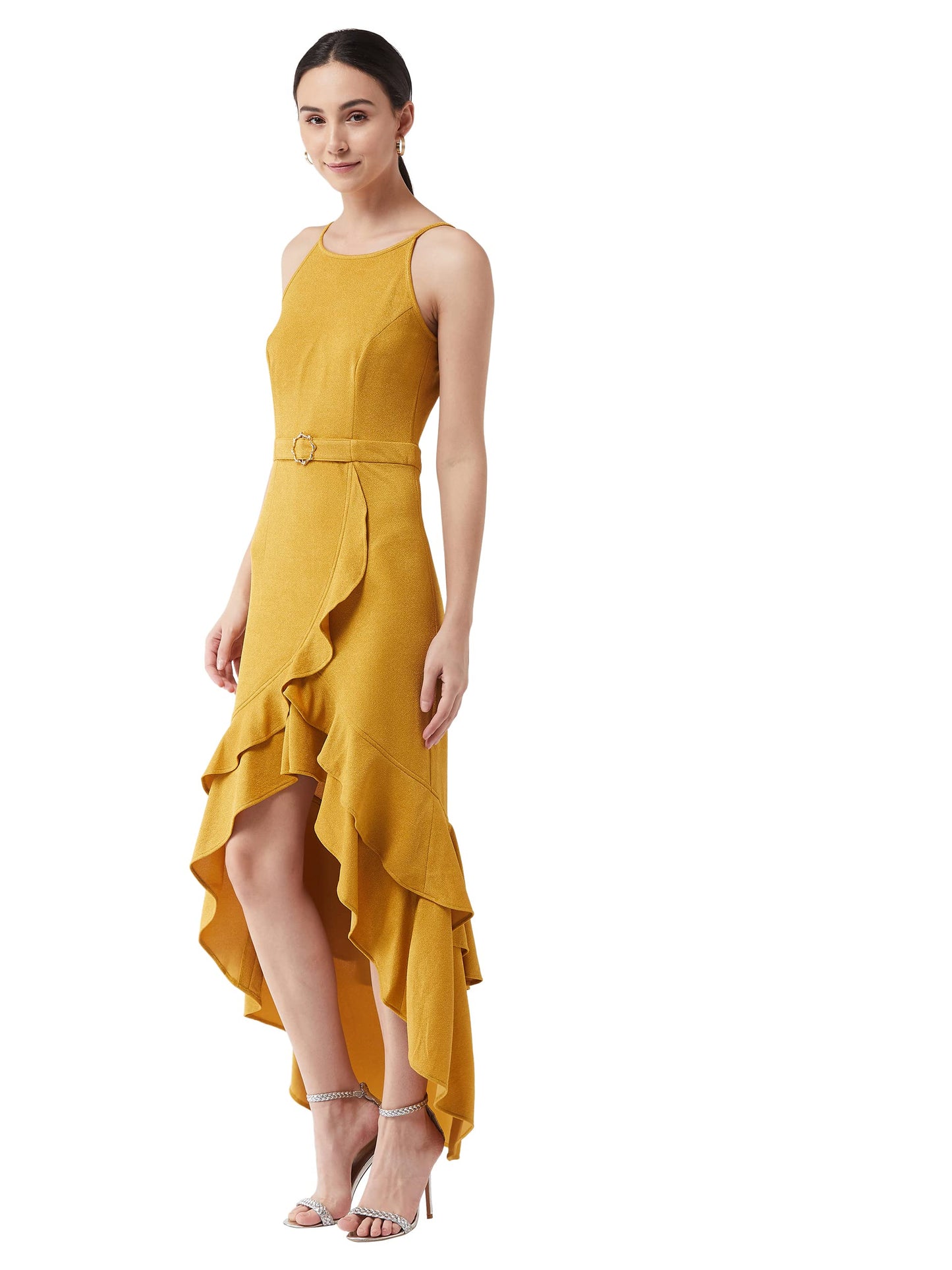 Miss Chase Women's Mustard Halter Neck Sleeveless Solid Ruffled Maxi Dress (MCAW21D13-18-183-05,Mustard,L)