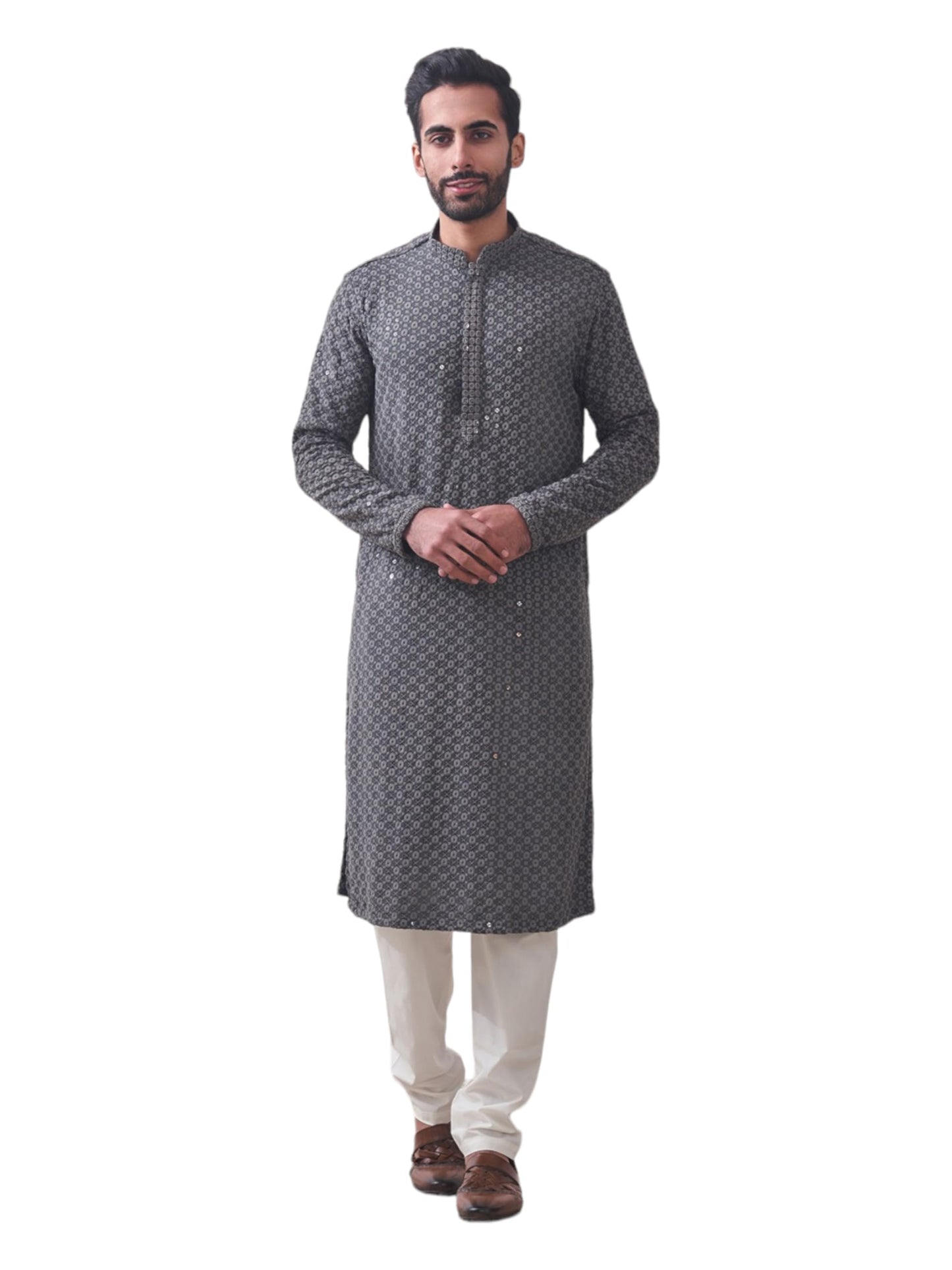 Manyavar Mens Grey Viscose Embroidered Kurtas