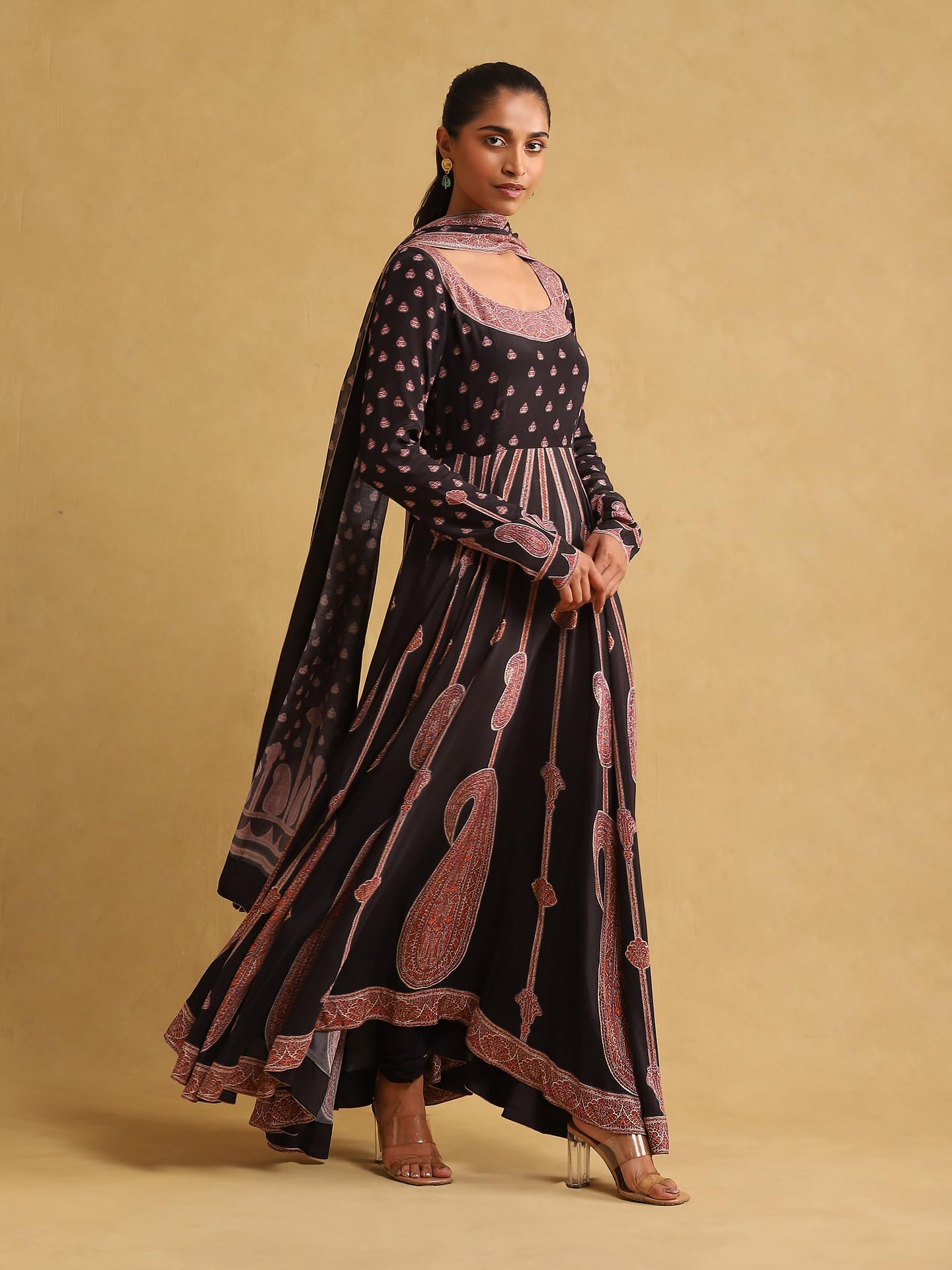 Ritu Kumar Black Printed Crepe Anarkali Kurta with Legging and Dupatta