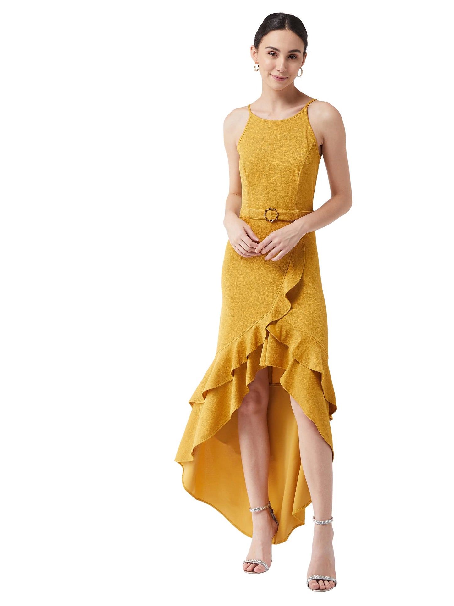 Miss Chase Women's Mustard Halter Neck Sleeveless Solid Ruffled Maxi Dress (MCAW21D13-18-183-05,Mustard,L)