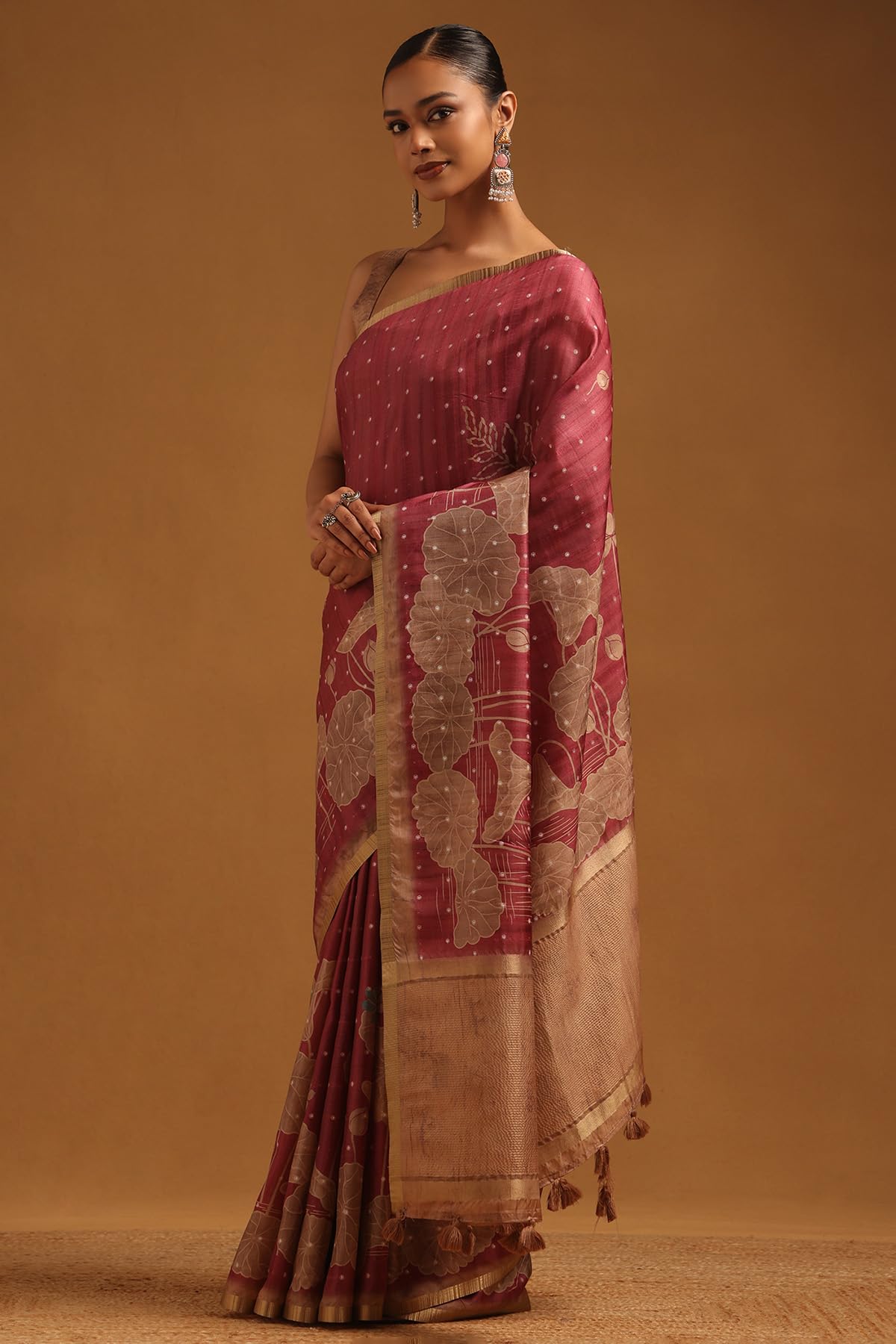 Soch Womens Onion Pink Tussar Botanical Saree
