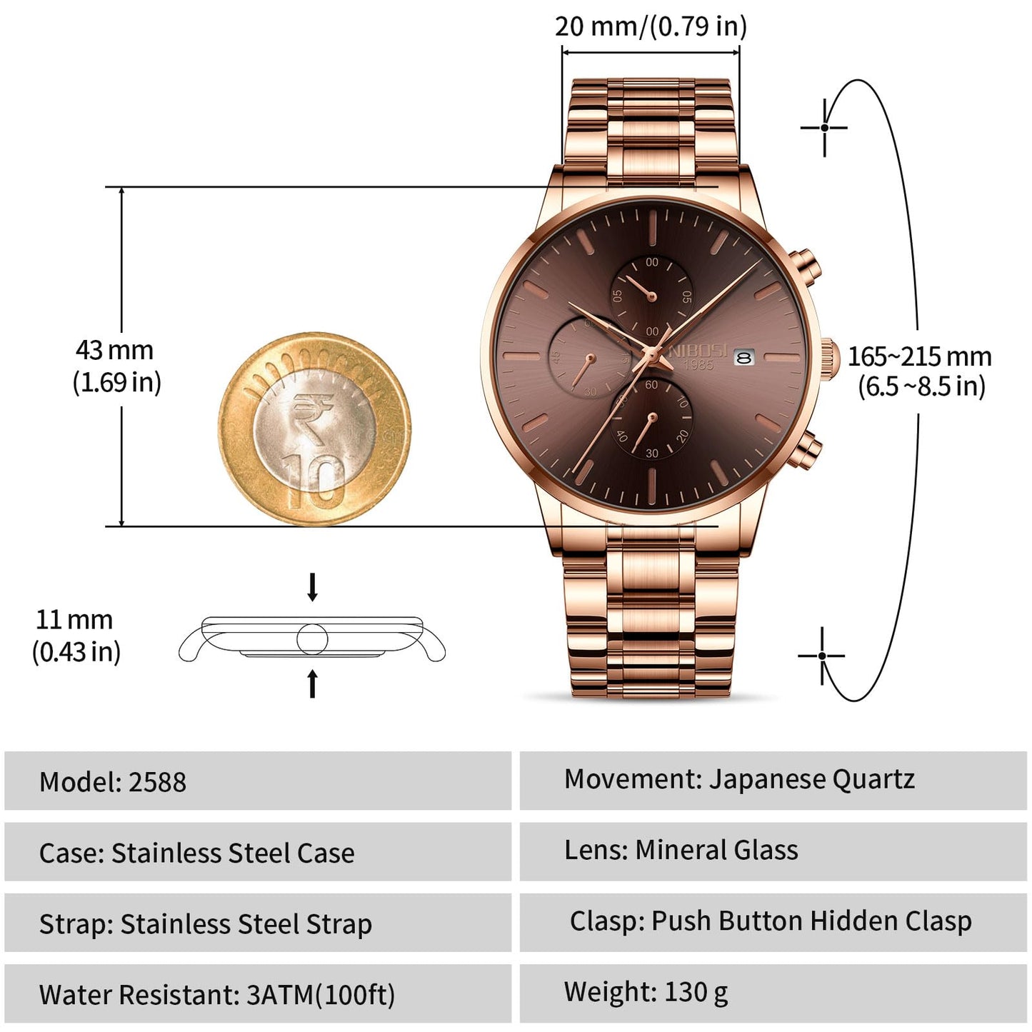 NIBOSI Men's Watches Analog Minimalist Black Dial Watches for Men Business Chronograph Casual Stainless Steel Strap Date (Rose Brown)