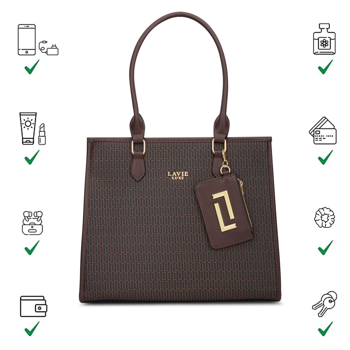 Lavie Luxe Women's Monogram Quad25 Pro Tote Laptop Bag | Fits Upto 14 Inch Laptop | Tote Laptop Bag for Work | Ladies Purse | Stylish Shoulder Bag | Gift for Women