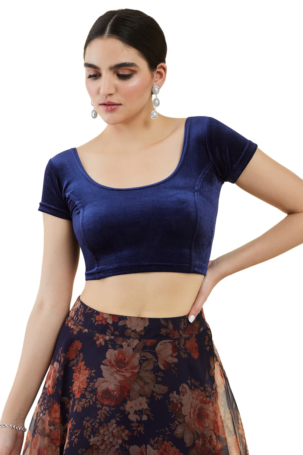 Soch Women Velvet Half Sleeve Navy Blue Princess Cut Blouse, 34