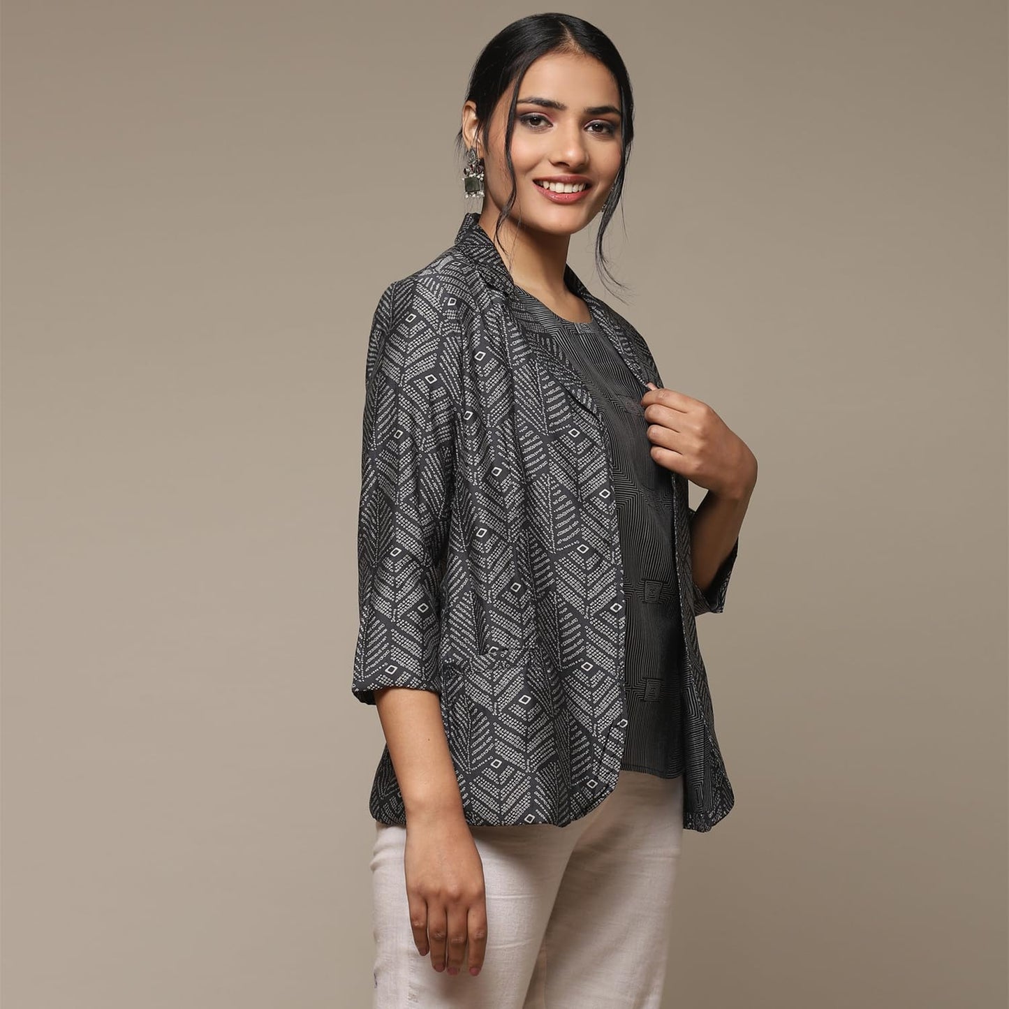 BIBA Women's Poly Viscose PRINTED Long Length MIX AND MATCH Jacket(MONOCHRO18927_MARB.CRB_36), Large, Multicolor