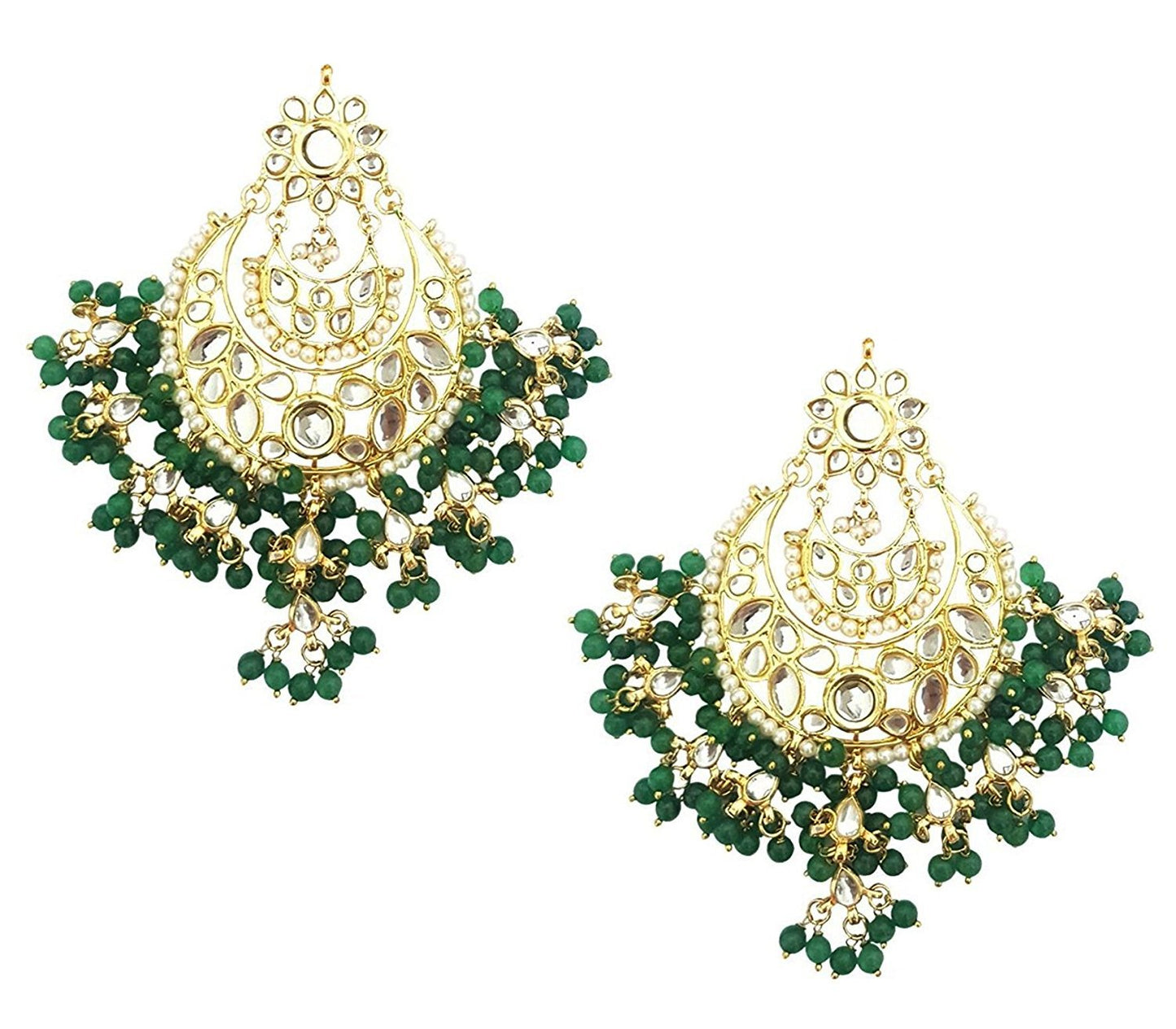 Mehrunnisa Gold Tone Kundan & Green Pearls Pendant Necklace Earrings Set With Simulated Emeralds & Free Kan Chain For Women (JWL1761)