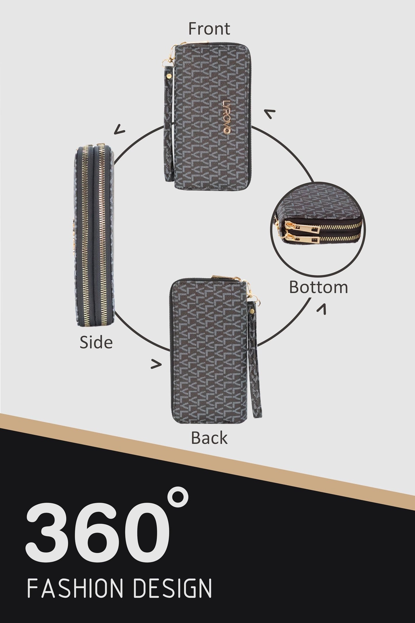 Lyrovo Purse Clutch Wallet for Women - PU Leather Double Zip Card Coin Holder with Wrist Strap (LY, Black)