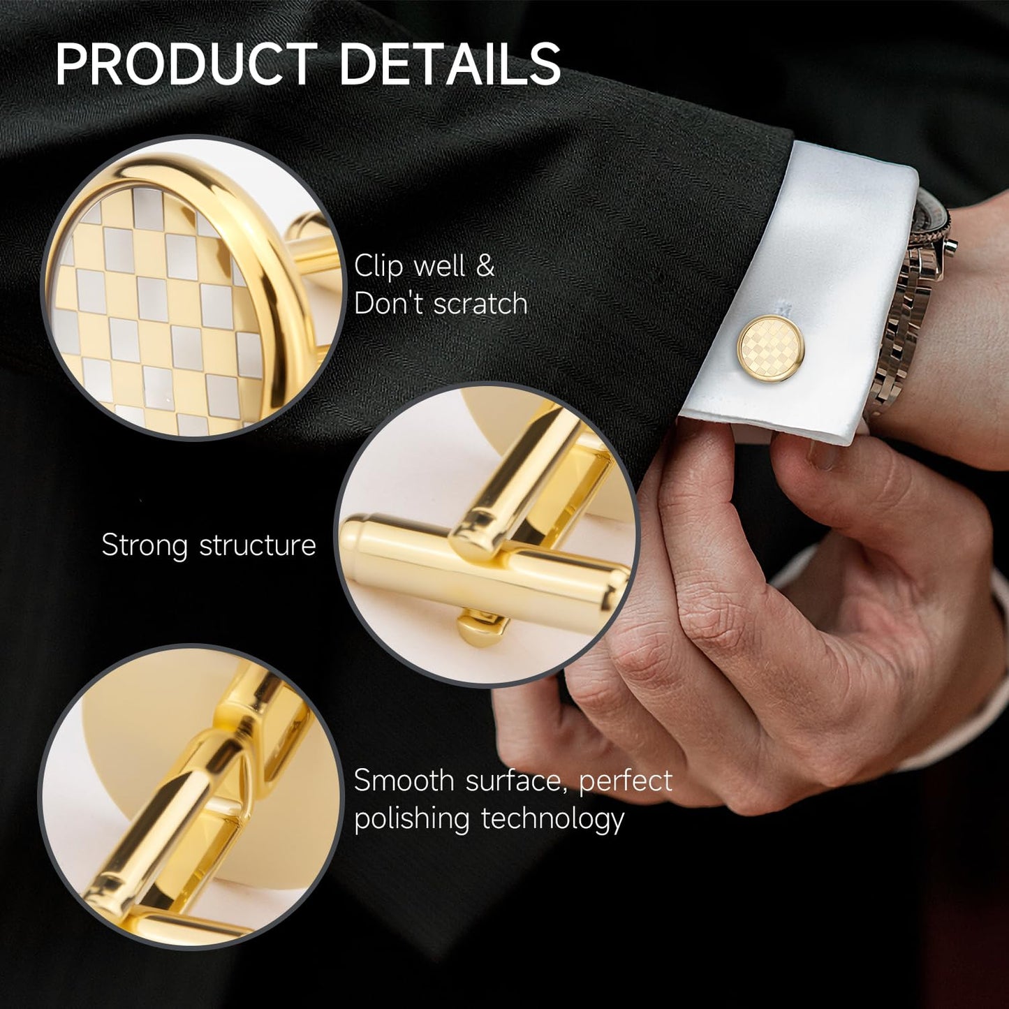 UJOY Men's Cufflinks - Gold Plated, Chessboard Design, Round Shape, Suitable for Business Wedding Dinner Formal Dress, with Gift Box