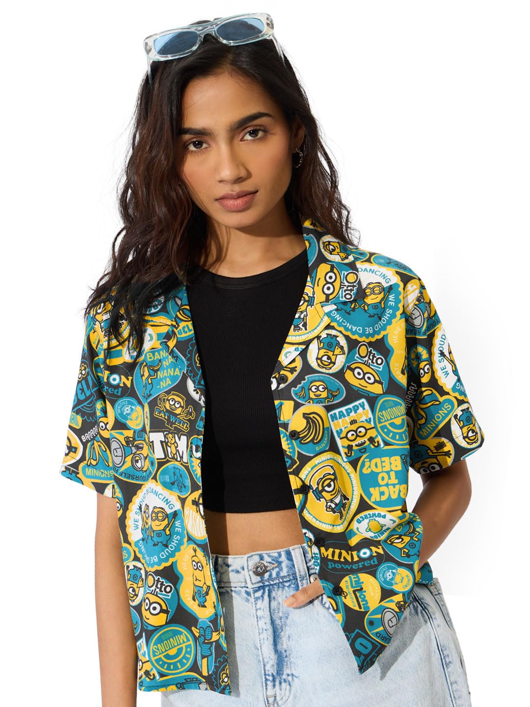 The Souled Store Official Minions Originals: Too Loud Women and Girls Short Sleeves Collared Neck Button Front Multicolor All Over Printed Rayon Regular Fit Holiday Shirts