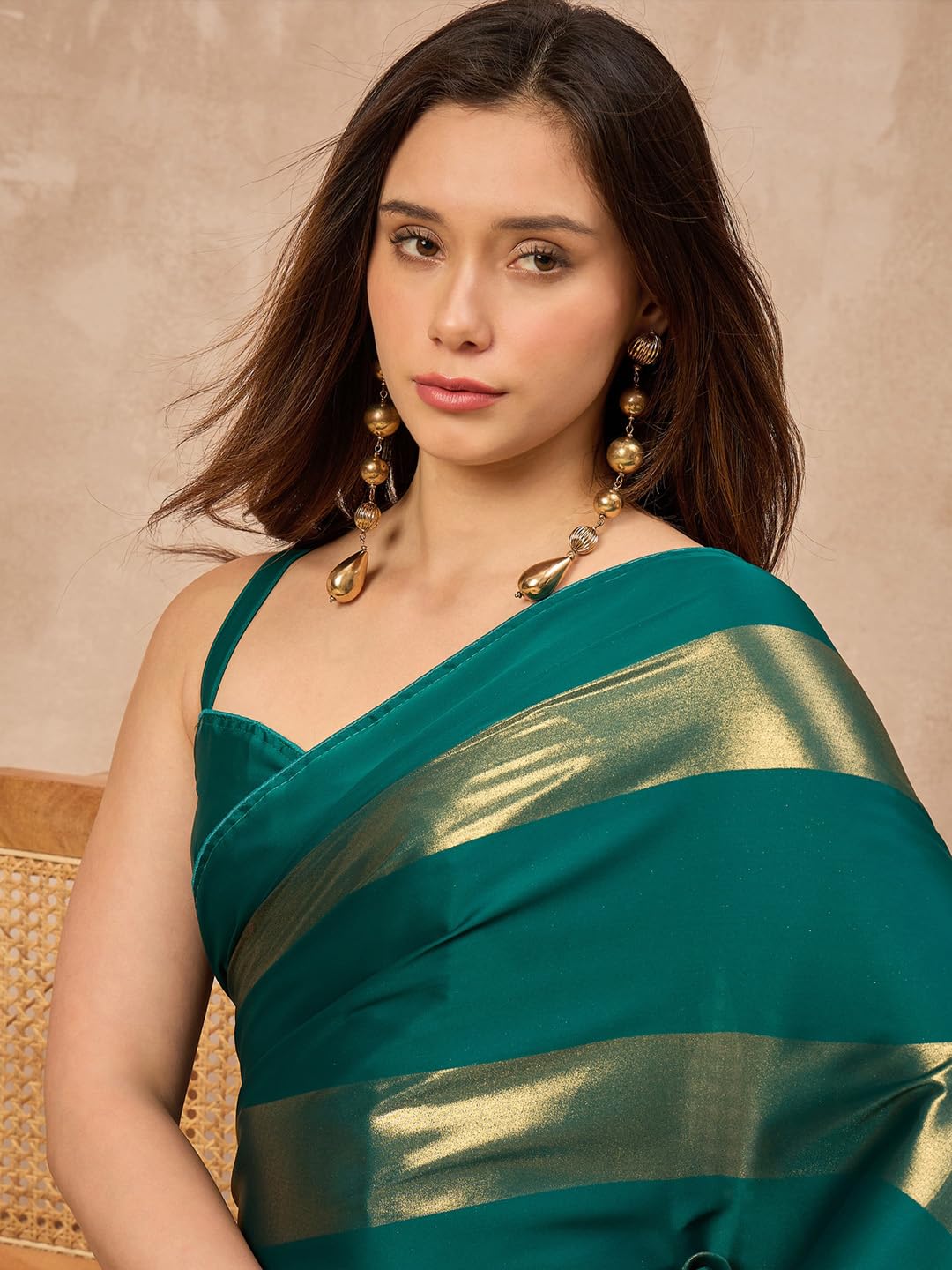 AKHILAM Women's Teal green Satin Foil Print Tassels and Latkans Saree With Unstitched Blouse Piece | saree for woman | Designer Saree for Women | Soft and Skin Friendly (RANI7103_RN)