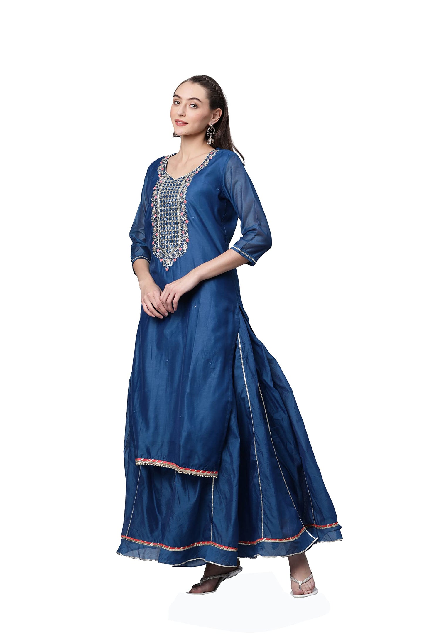 Divena Blue Solid Chenderi Kurta Skirt Set with Dupatta-DK0739-5XL