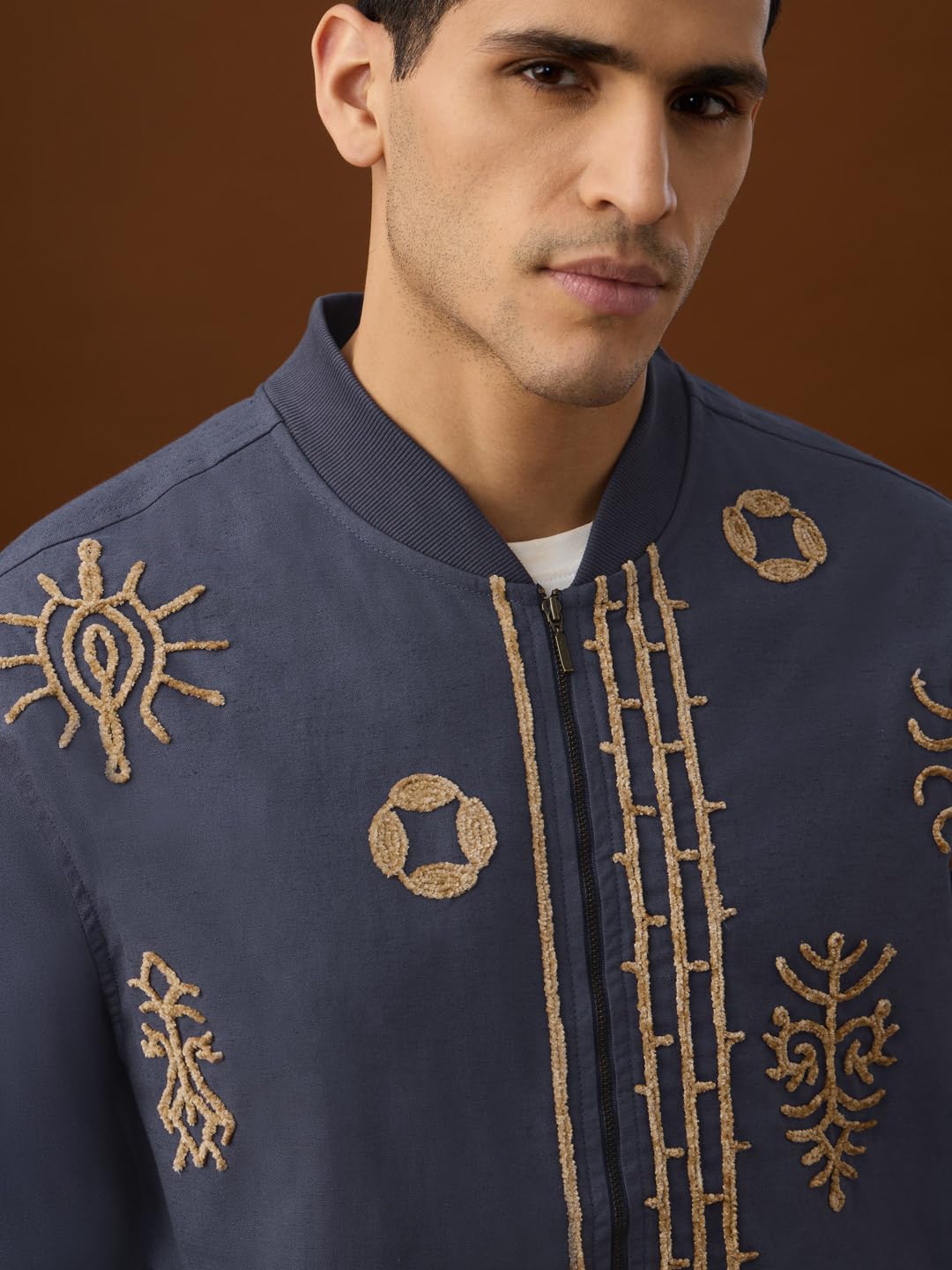 The Souled Store Linen Jacket: Blue Aztec Men and Boys Full Sleeves Mandarin Collar Navy Blue Embroidered Cotton Linen Oversized Fit Lightweight Winter Casual Linen Jacket