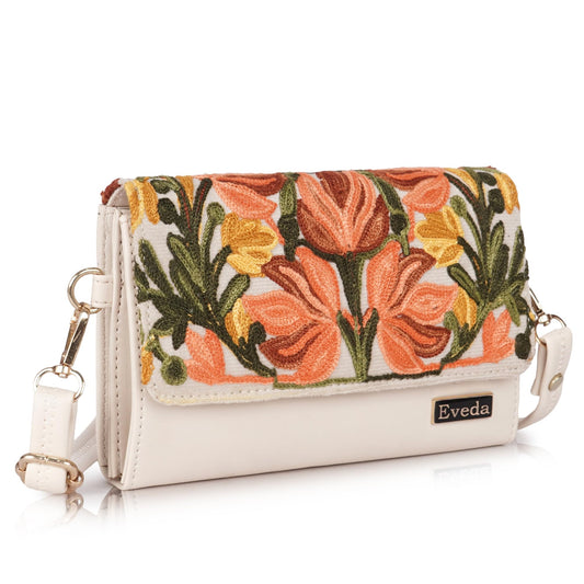 VELUCIA Embroidered Floral Clutch Purse, Gold Design, Ladies Wallet (Beige)