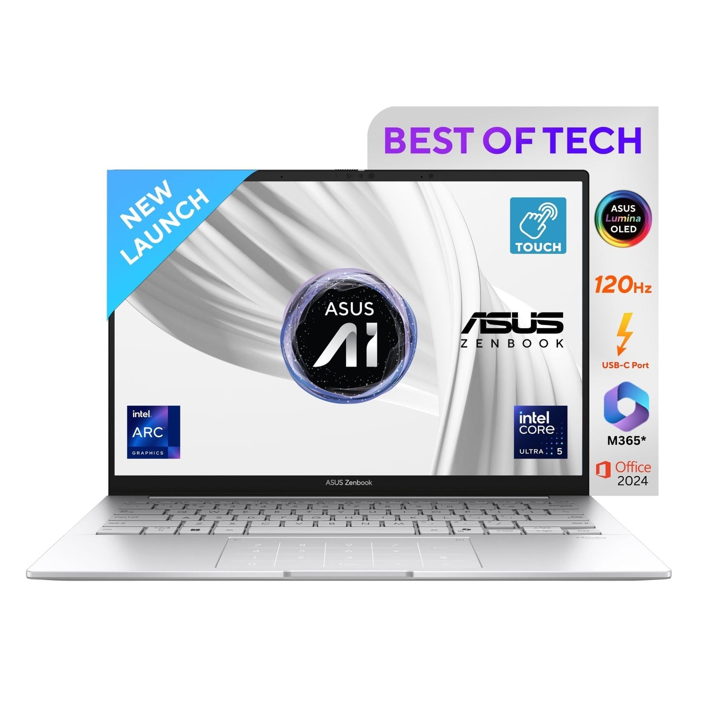 ASUS Zenbook 14,Intel Core Ultra 5 (Series 2),Thin & Light(Intel Arc iGPU/16GB/1TB/3K OLED Touch screen/14/120Hz/Windows 11/M365 Basic (1Year)*/Office Home 2024/Foggy Silver/1.28 kg) UX3405CA-PZ345WS