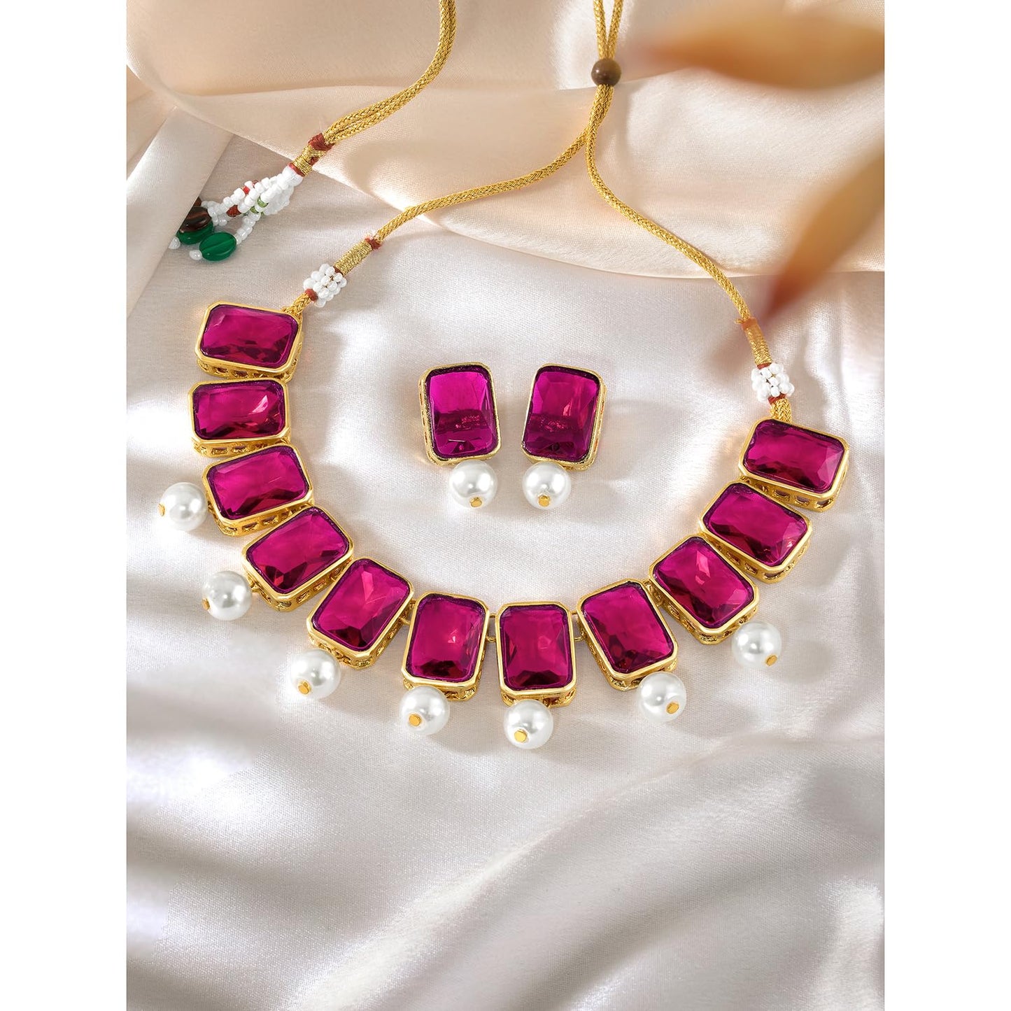 Peora Traditional Jewellery Rani Pink Crystal Pearl Necklace Earring Jewellery Set Gift for Women Girls Wedding