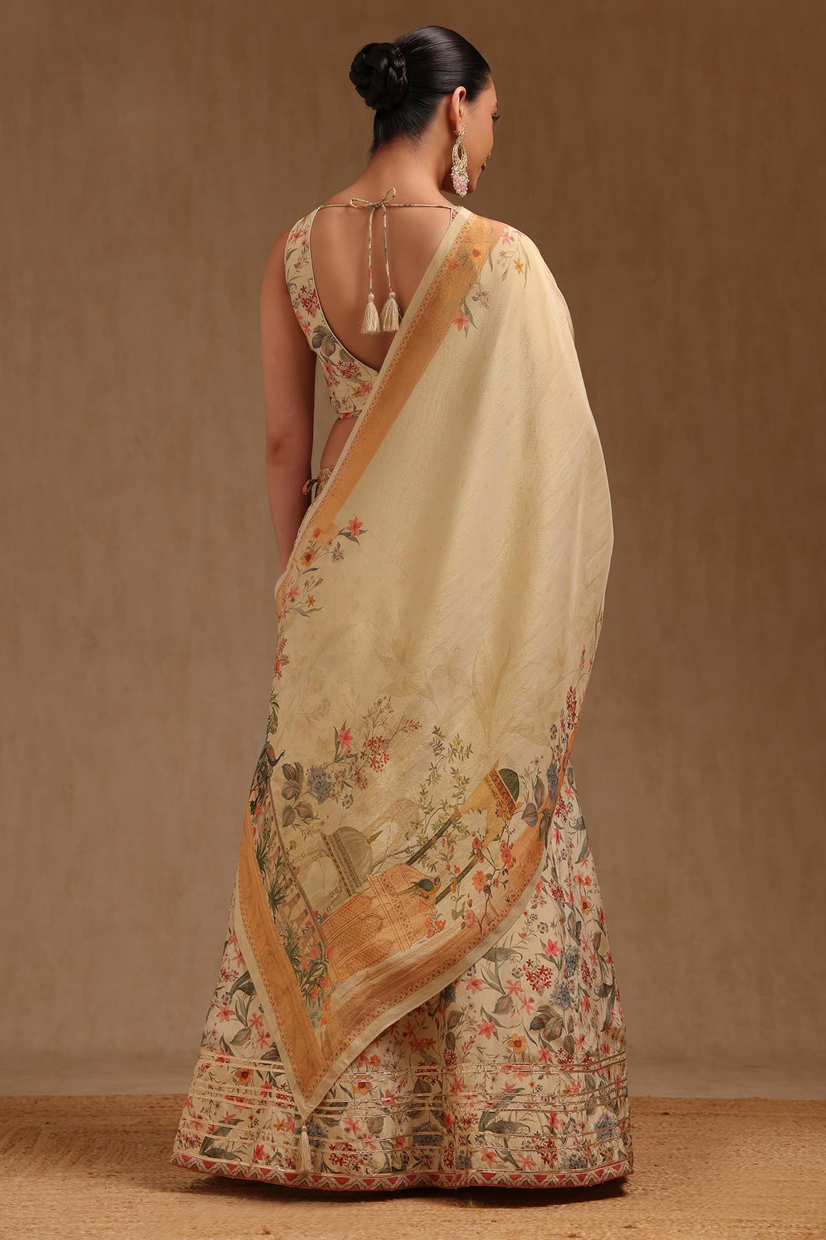 Soch Womens Beige Tissue Botanical Print Ghagra Choli With Thread Work