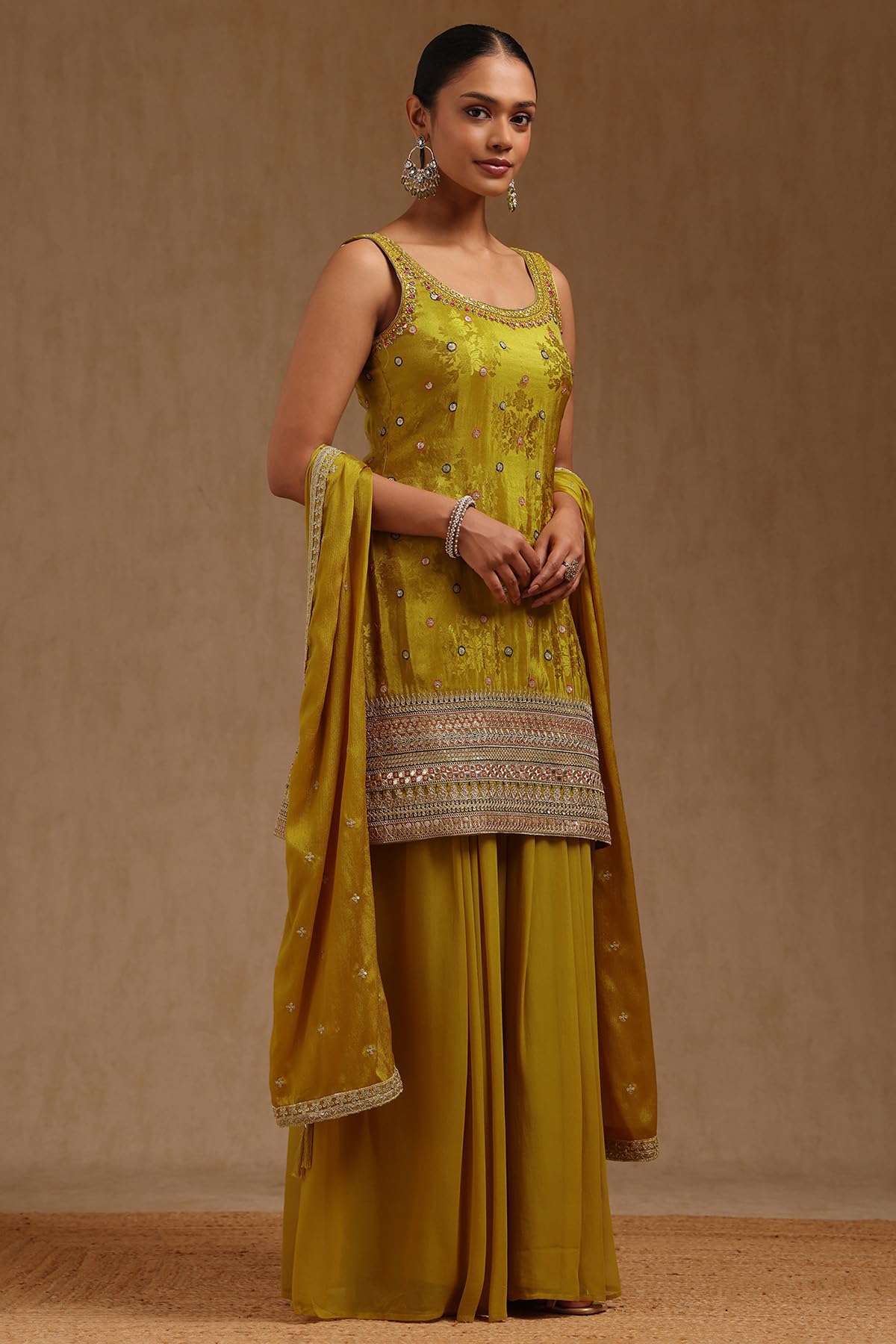 Soch Womens Mustard Tissue Embroidered Salwar Suit With Mirror Work
